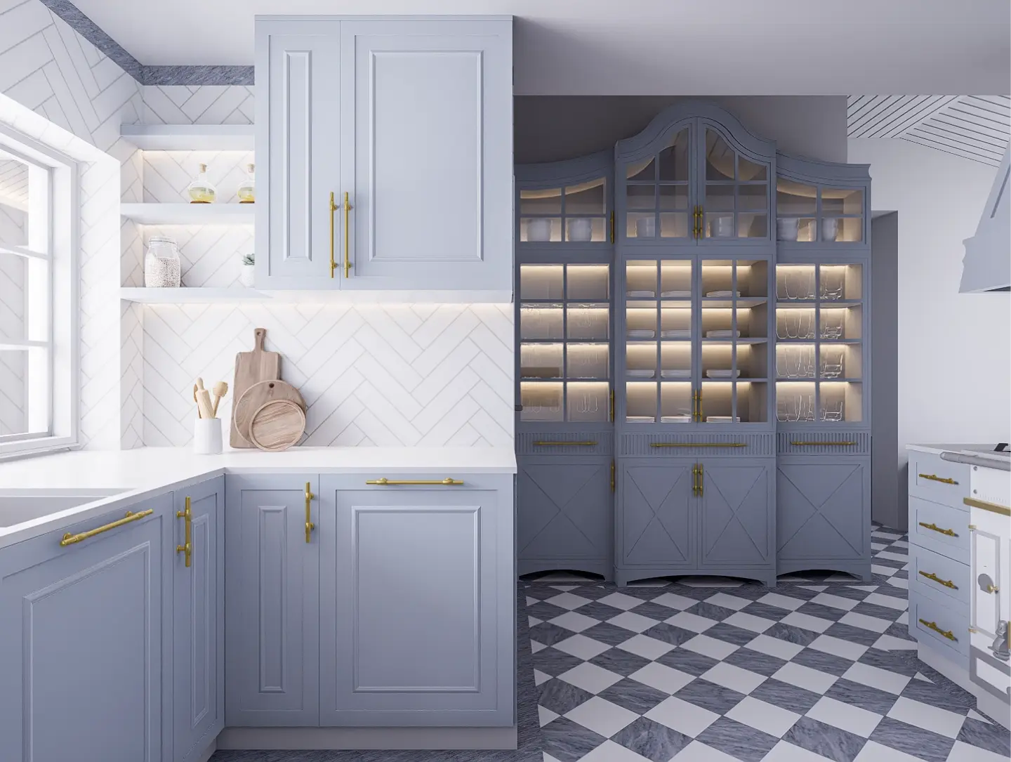 Classic kitchen with light blue lacquered panelled doors and gold-coloured handles; in the background, a classic crockery cupboard designed by Margari