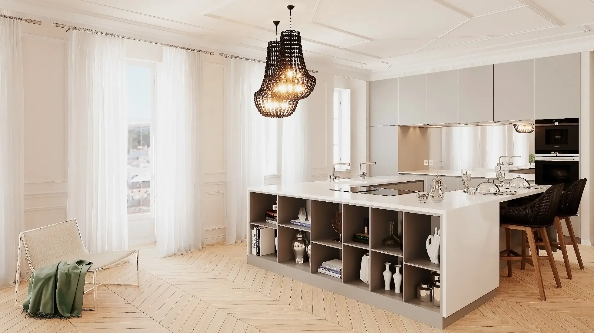 Projeto de cozinha contemporânea em apartamento de estrutura clássica em que uma cadeira de design assume o protagonismo