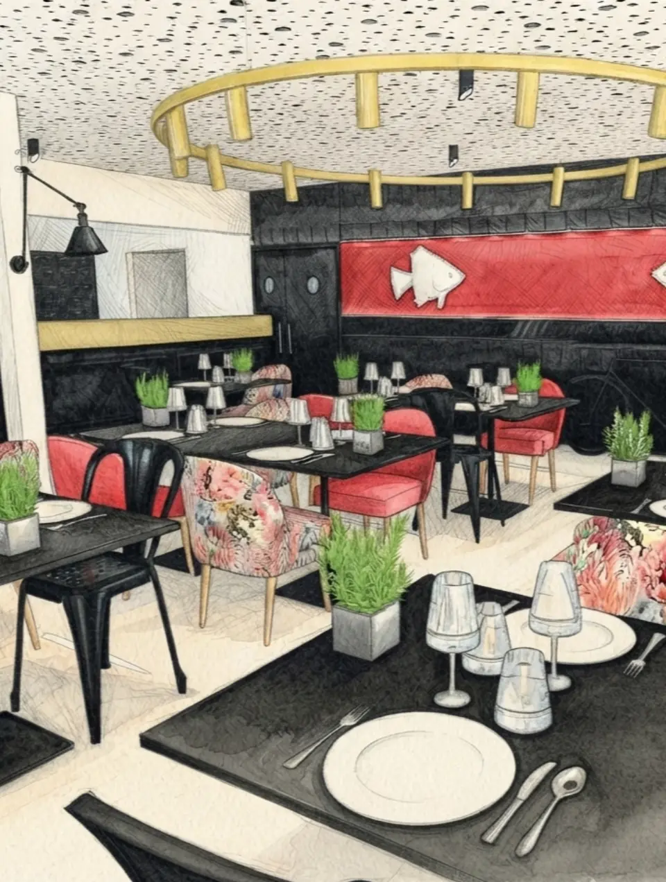 Restaurant interior design featuring a custom-designed gold ceiling light, black tables, metal chairs, and upholstered chairs