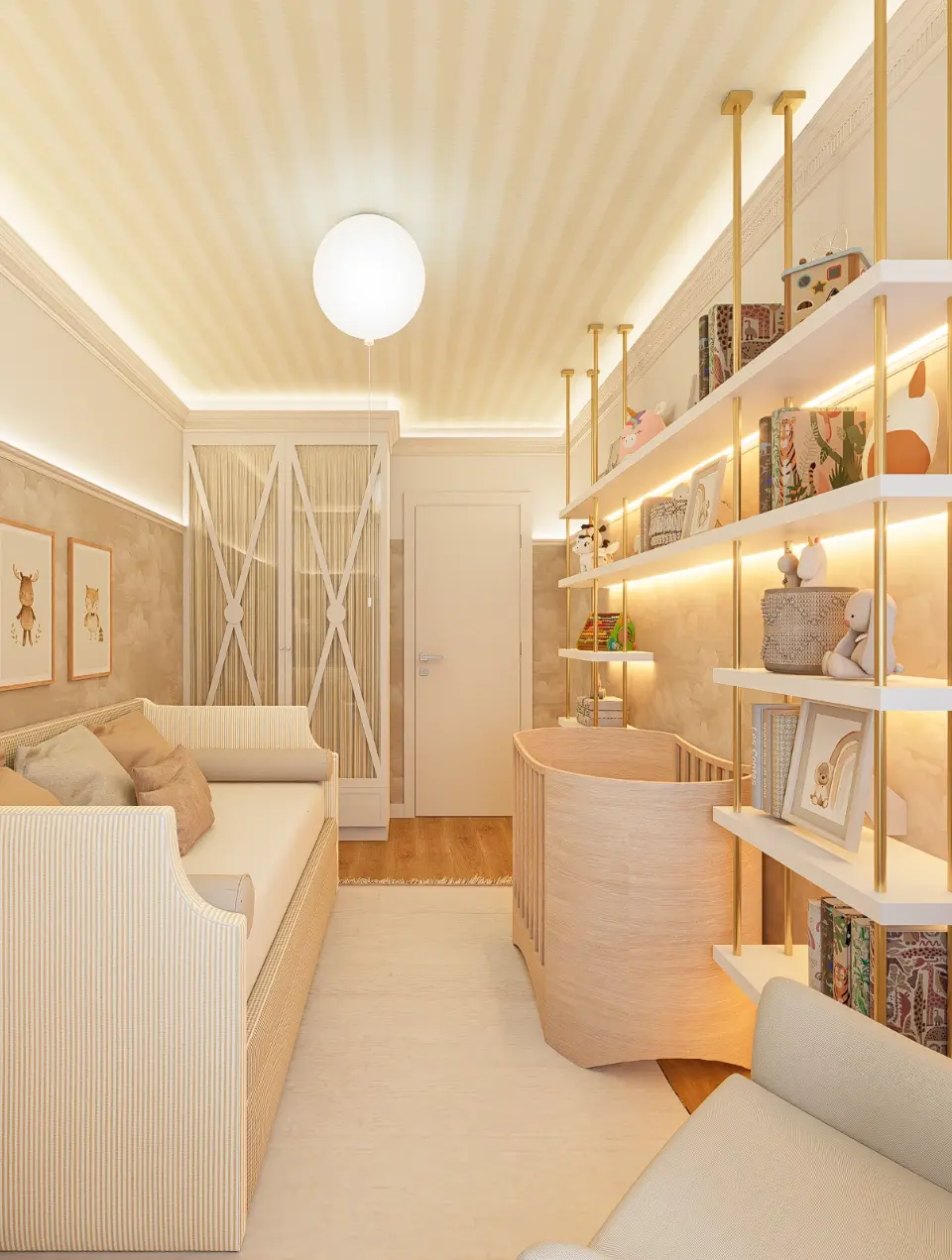 A nursery featuring cloud-patterned wallpaper on the walls and stripes on the ceiling. The room includes a cot, a single bed and bookshelves