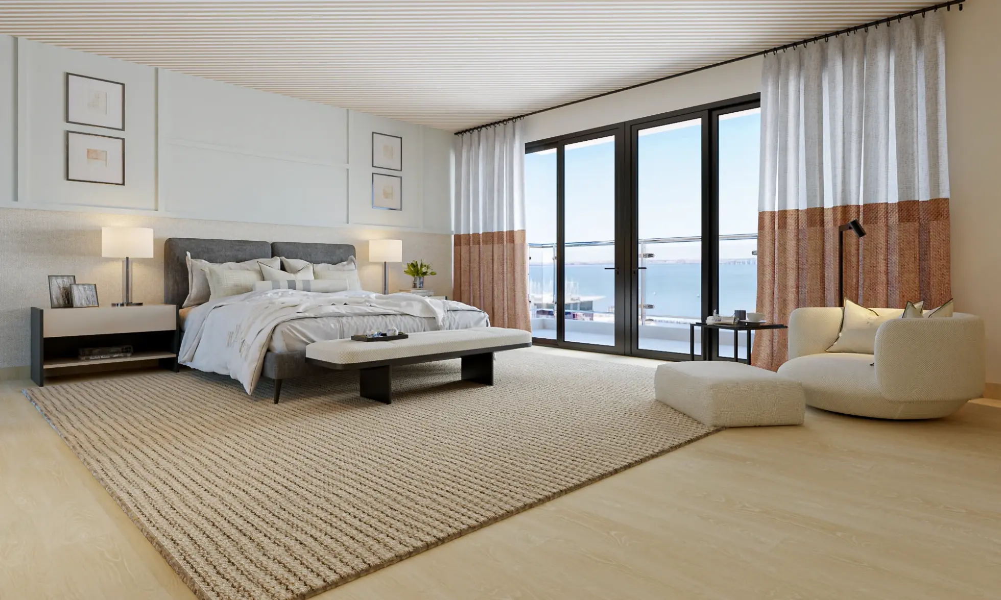 Decoração de interiores de quarto em tons neutros, cabeceira estofada, cama muito confortável e papel de parede às riscas no teto.