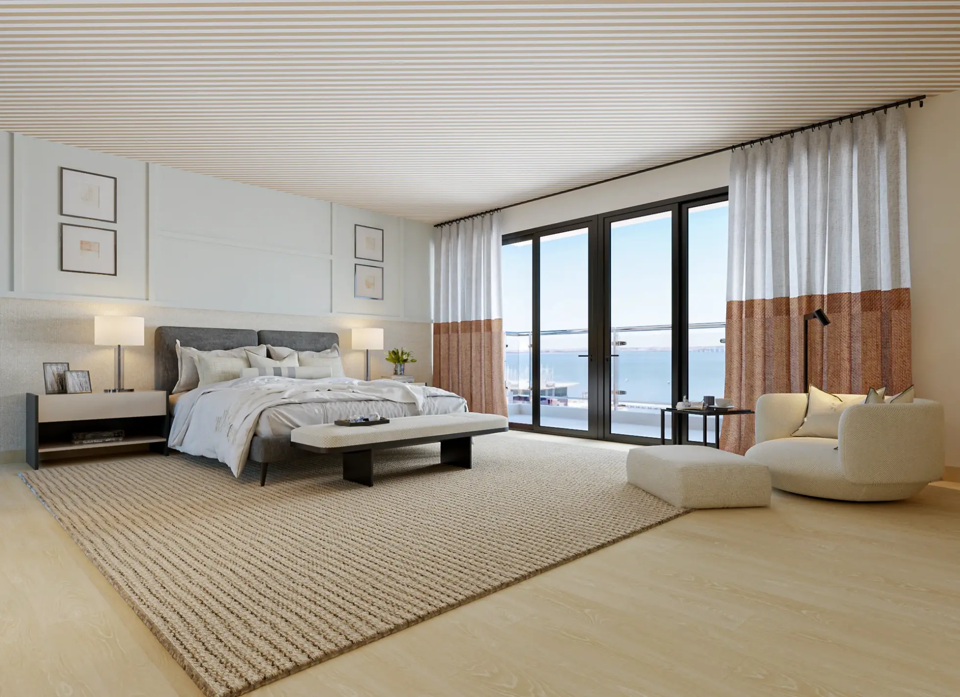 Master suite decorada em tons neutros, cinza e beige. Cabeceira de cama estofada cinza e tapete em lã beige