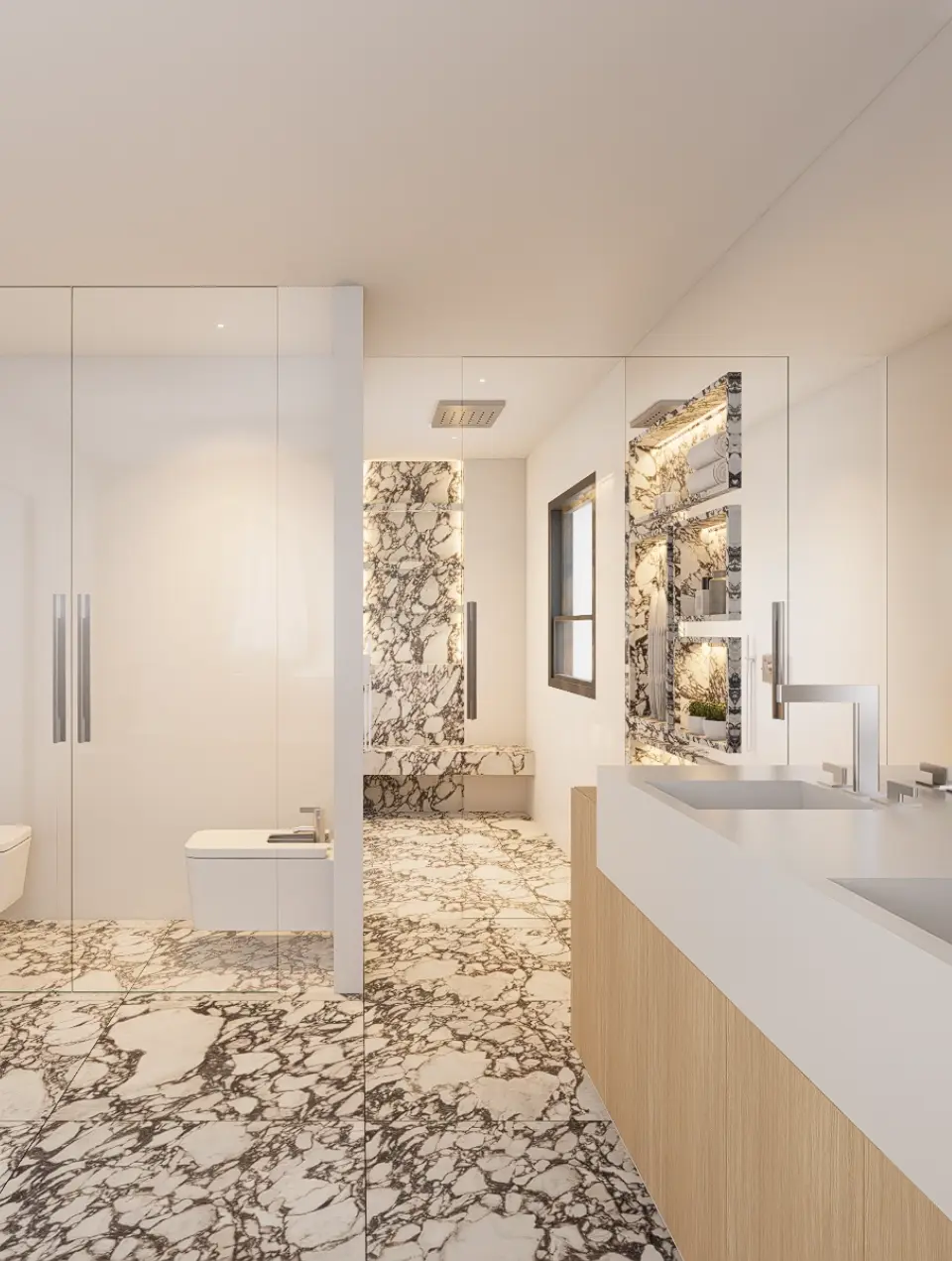 Contemporary bathroom with marbled stone flooring and an oak vanity unit