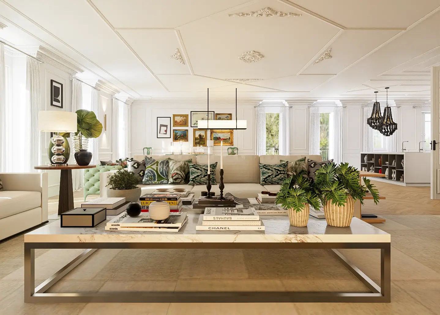 Decoração de sala de base arquitetónica clássica com frisos nos tetos e paredes e mobiliário contemporâneo, sofás beiges, mesa de centro em pedra