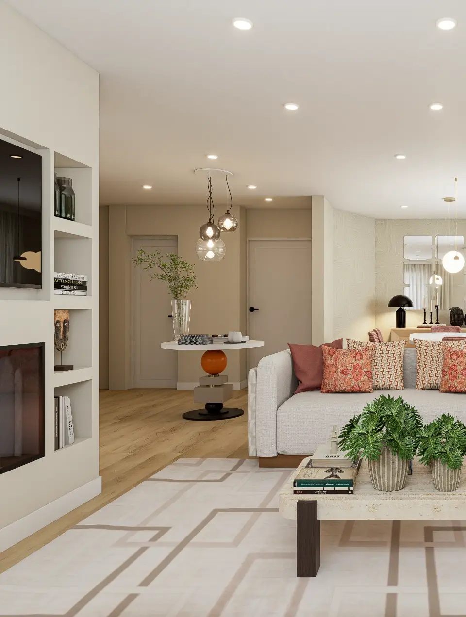 Decoração de sala contemporânea em tons neutros com estante TV com lareira integrada- projeto de decoração assinado por Margarida Bugarim