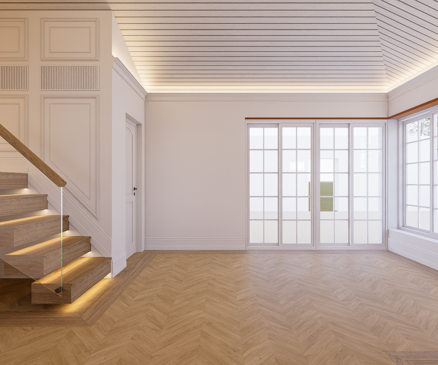 Spacious living room featuring classic interior design with hardwood floors and ornate ceilings