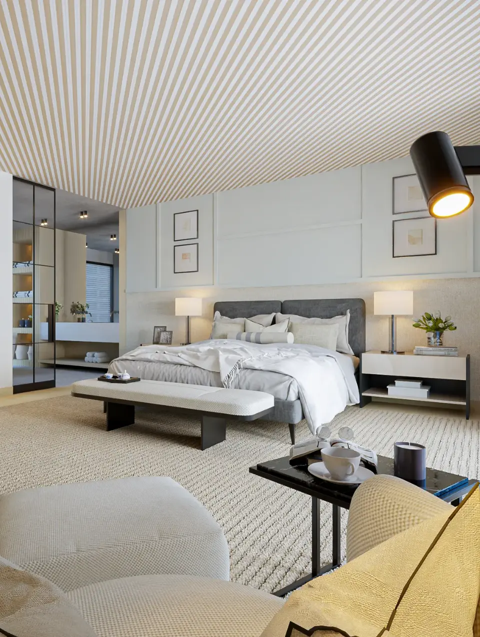 Contemporary-style suite, decorated in shades of grey and beige with an upholstered bed, wallpaper on the ceiling and contemporary furniture