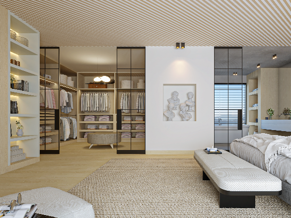 Closet projetado pela Margarida Bugarim Interiores para que todas as roupas e acessórios estejam perfeitamente arrumados e visíveis.