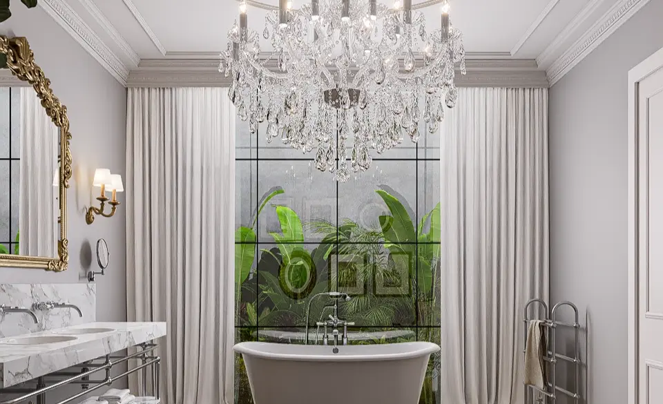 Casa de banho clássica e luxuosa com bandeira free stand, um lustre de grandes dimensões, e lavatório em mármore carrara. 