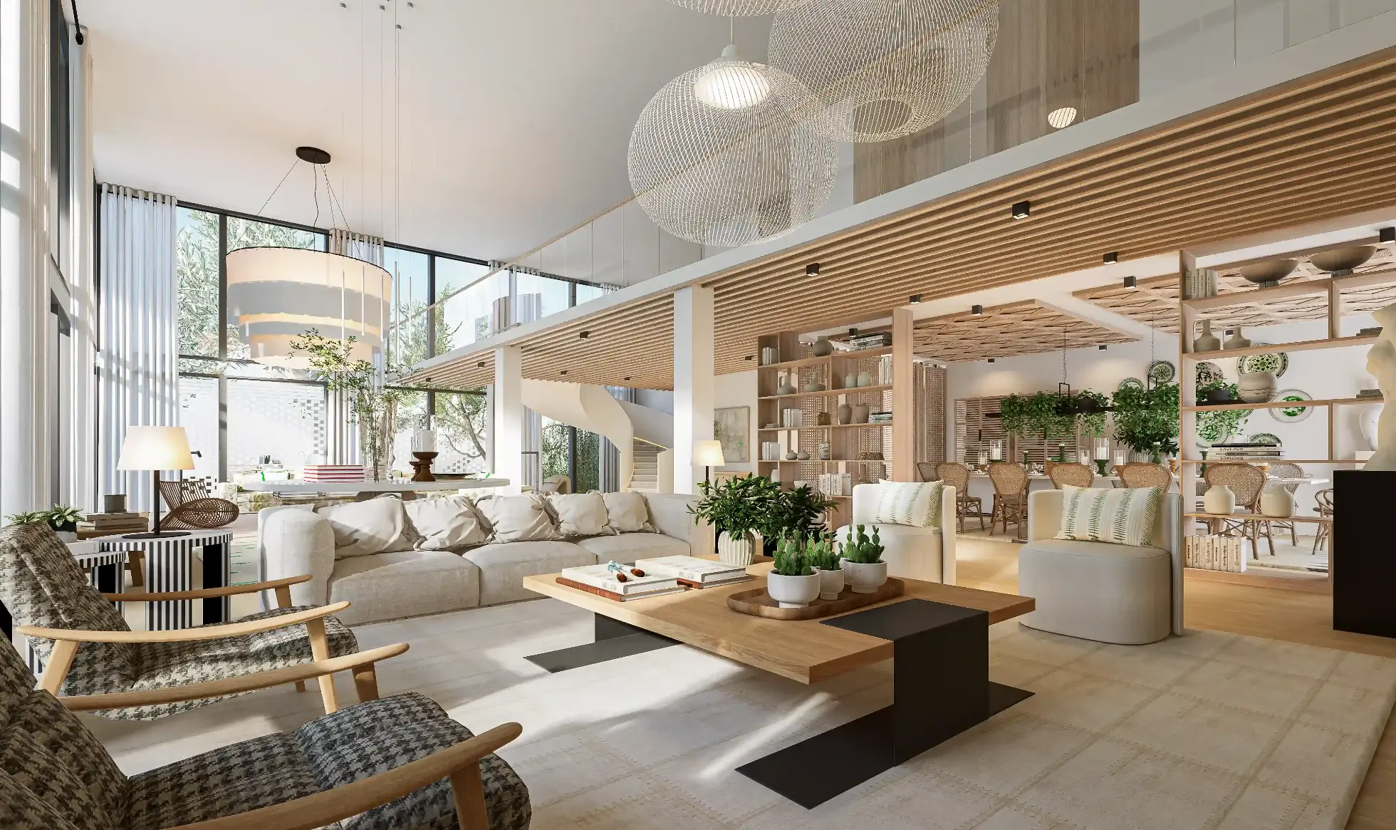 Sala de estar com 3 zonas, pé-direito duplo decorada com estilo contemporâneo em tons neutros e elementos em madeira – projeto de interiores sofistica