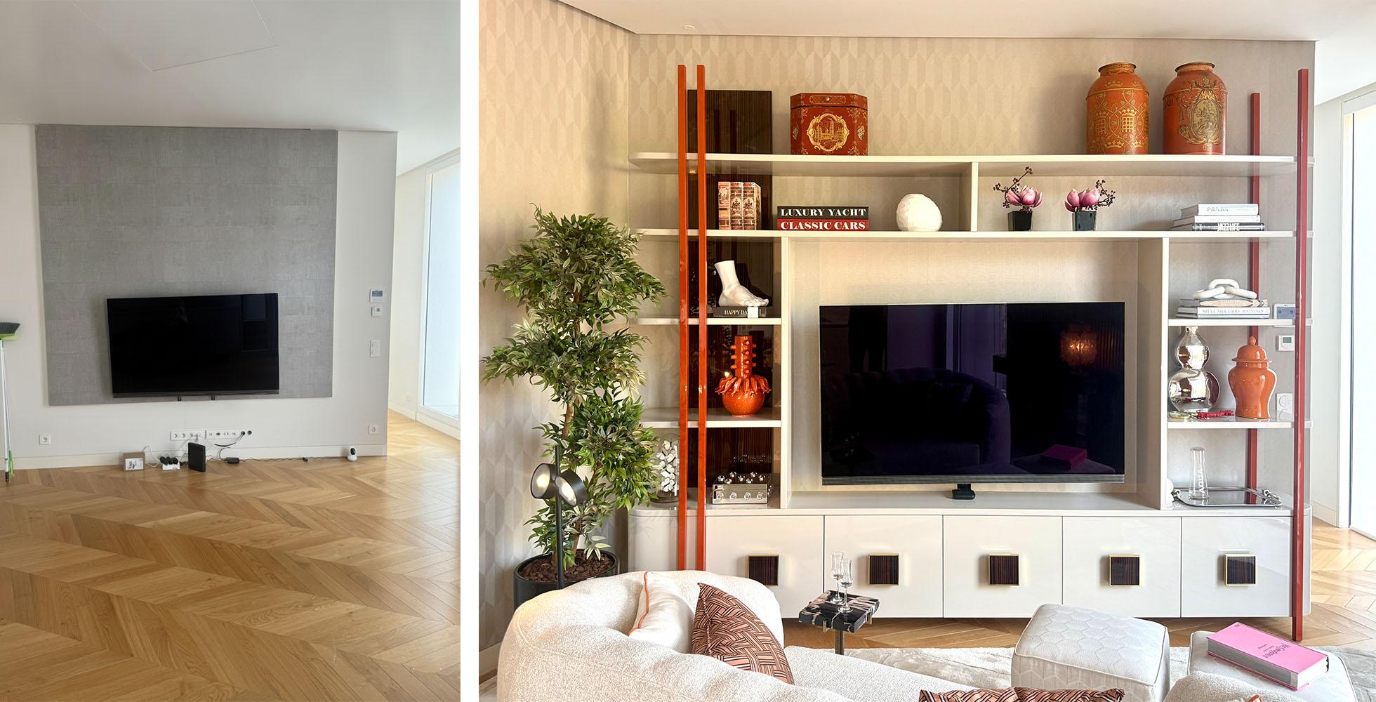 Antes e depois de sala decorada por Margarida Bugarim com estante lacada desenhada por medida com detalhes em ébano e lacado laranja