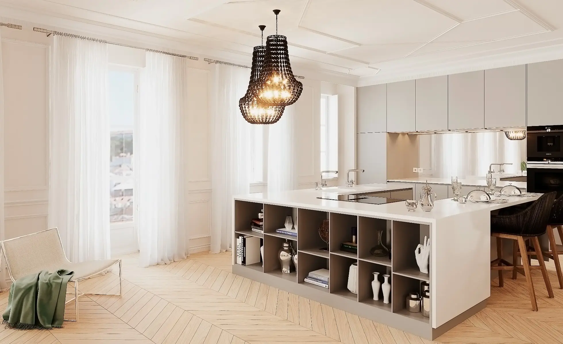 Luxury custom-designed kitchen with island featuring a bookcase front decorated with various pieces. Gray lacquered kitchen with mirror backsplash