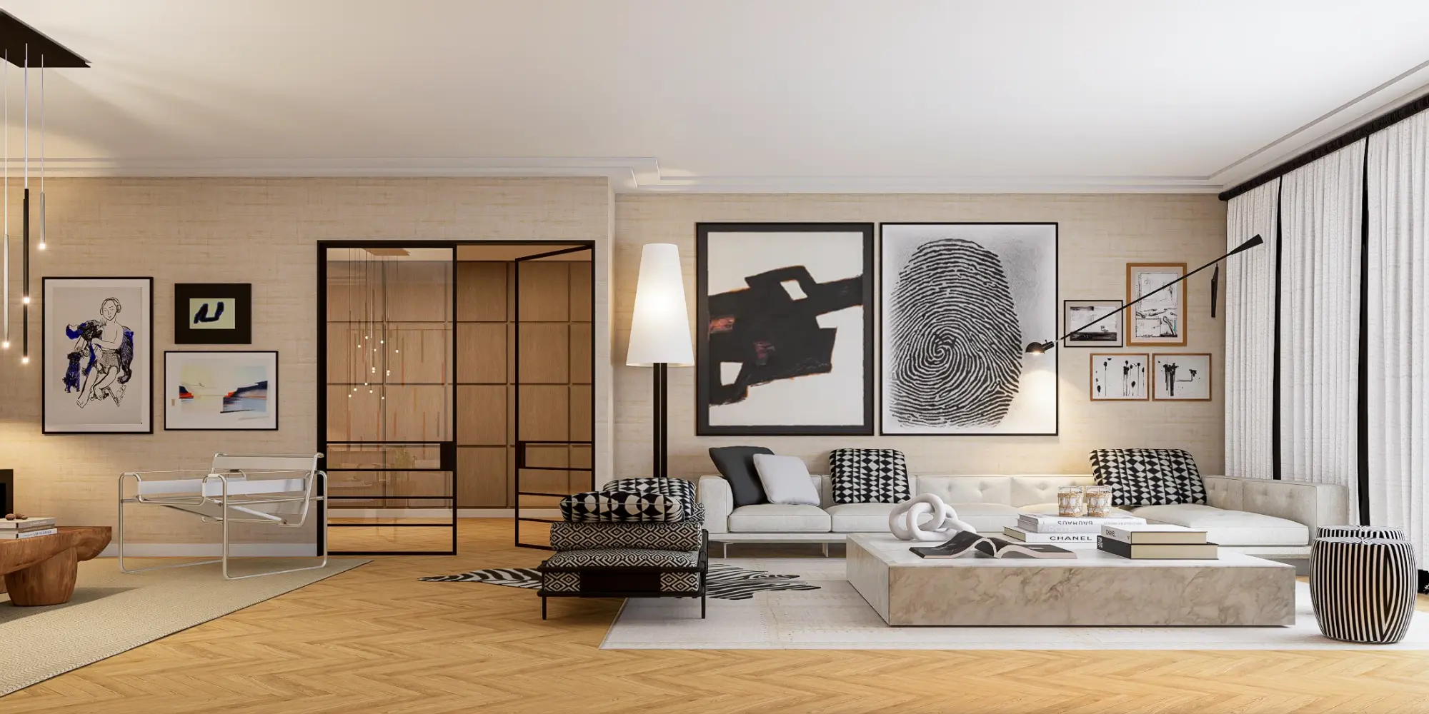 Decoração de interiores de sala de estar em estilo contemporâneo com sofá branco, mesa de centro em mármore e paredes com quadros de grandes dimensões