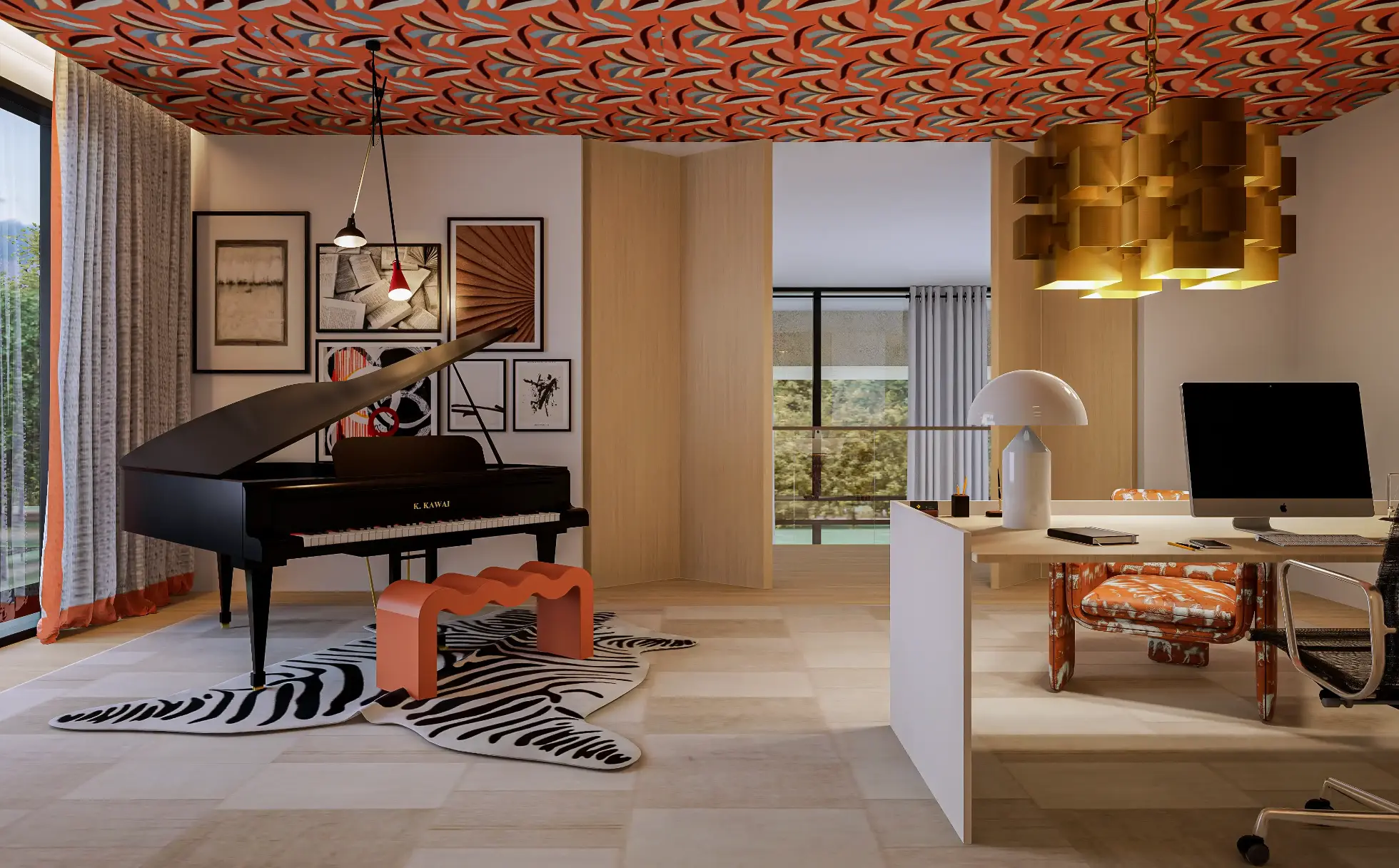 Decoração de escritório e sala de música num estilo criativo onde o papel de padrão do teto em tons de laranja é o protagonista 