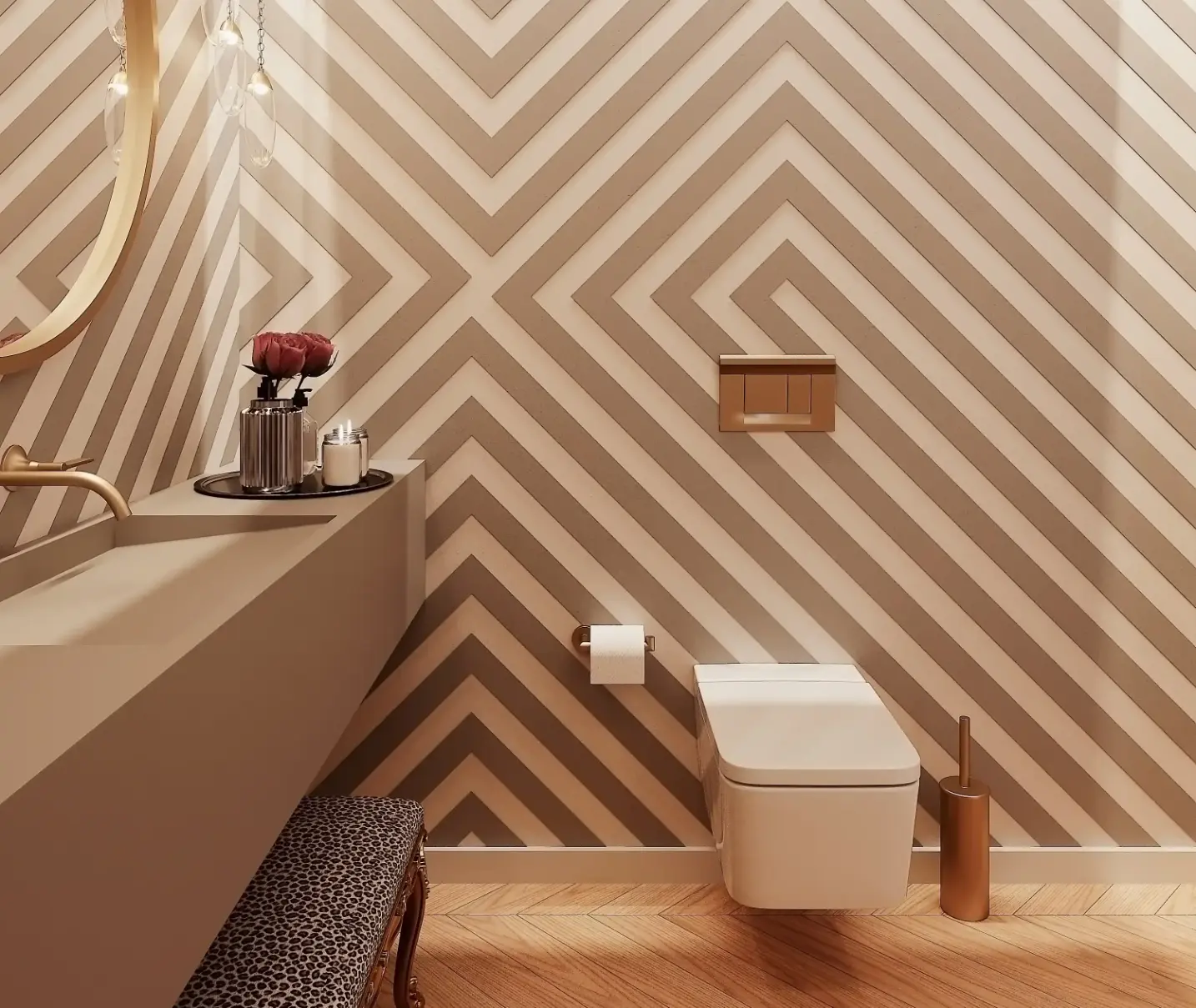 Powder Room, walls with geometric pattern in gray, stone sink, gold wall-mounted faucet, and stool with animal print upholstery