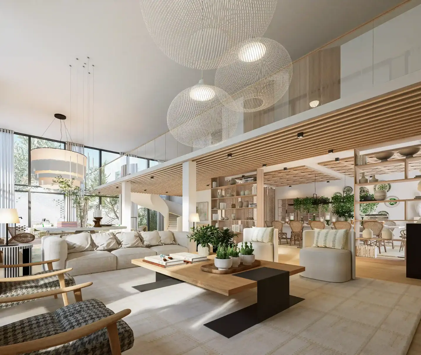 Decoração de sala de estar com pé-direito duplo, sofás claros, mesa de centro em madeira, iluminação suspensa moderna e ligação à sala de jantar 