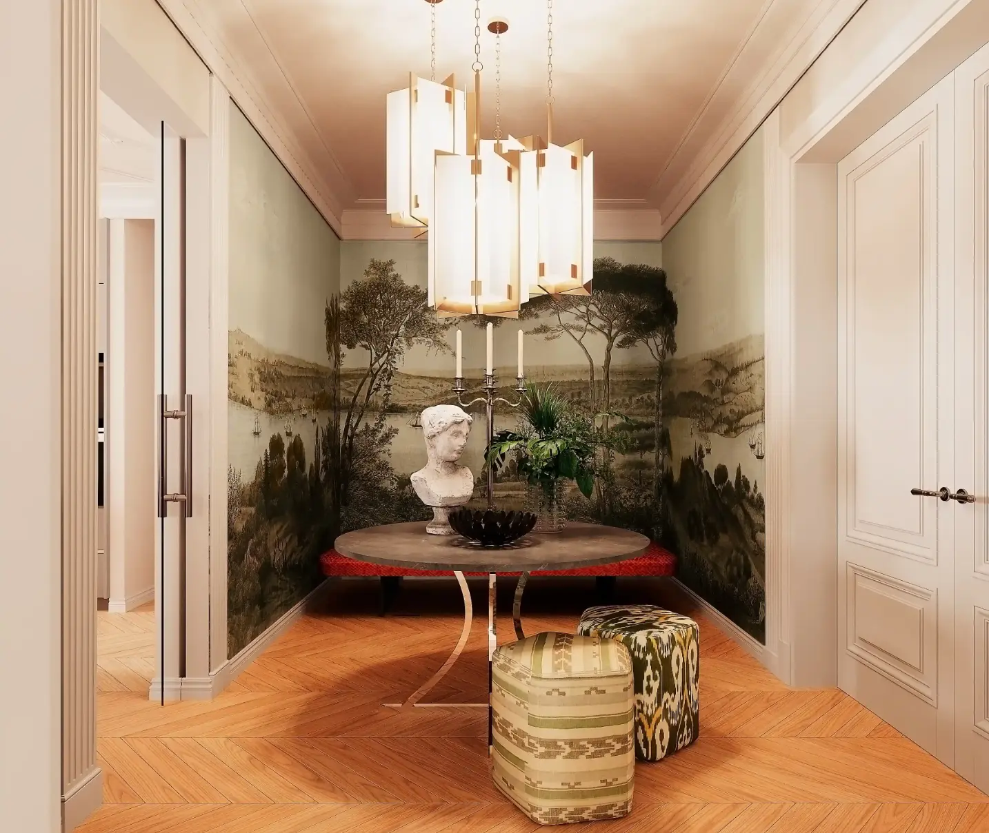 Sophisticated entrance hall with landscape mural wall, central table with decorative bust, hanging lamp, and patterned upholstered benches 