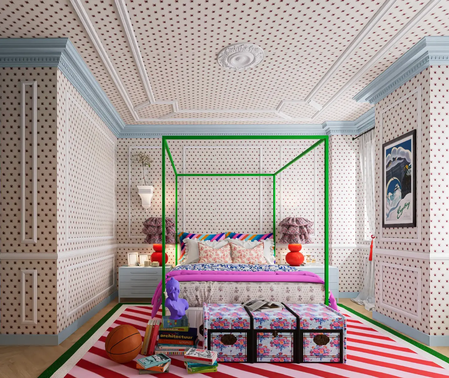 Room with red patterned wallpaper, green canopy bed, colorful bedspread and pillows, red and pink striped rug, and floral chest