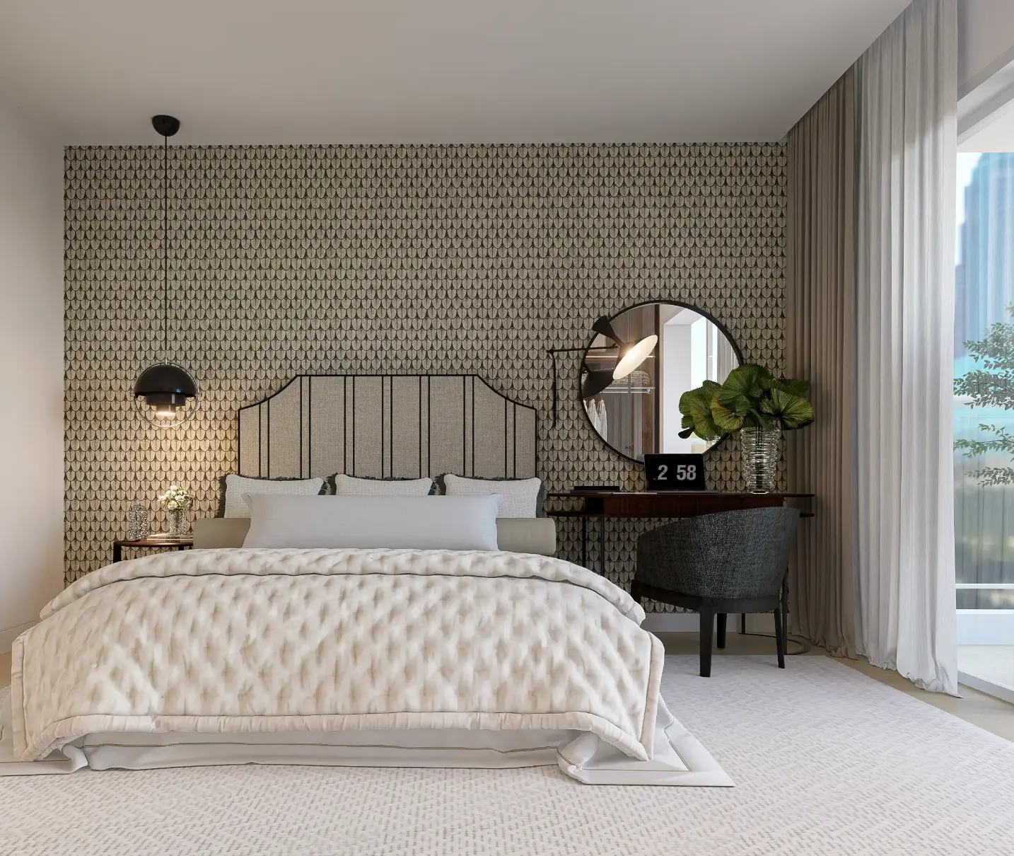 Quarto contemporâneo em tons neutros com cabeceira de cama estofada, papel de parede, secretária e espelho redondo – projeto de Margarida Bugarim