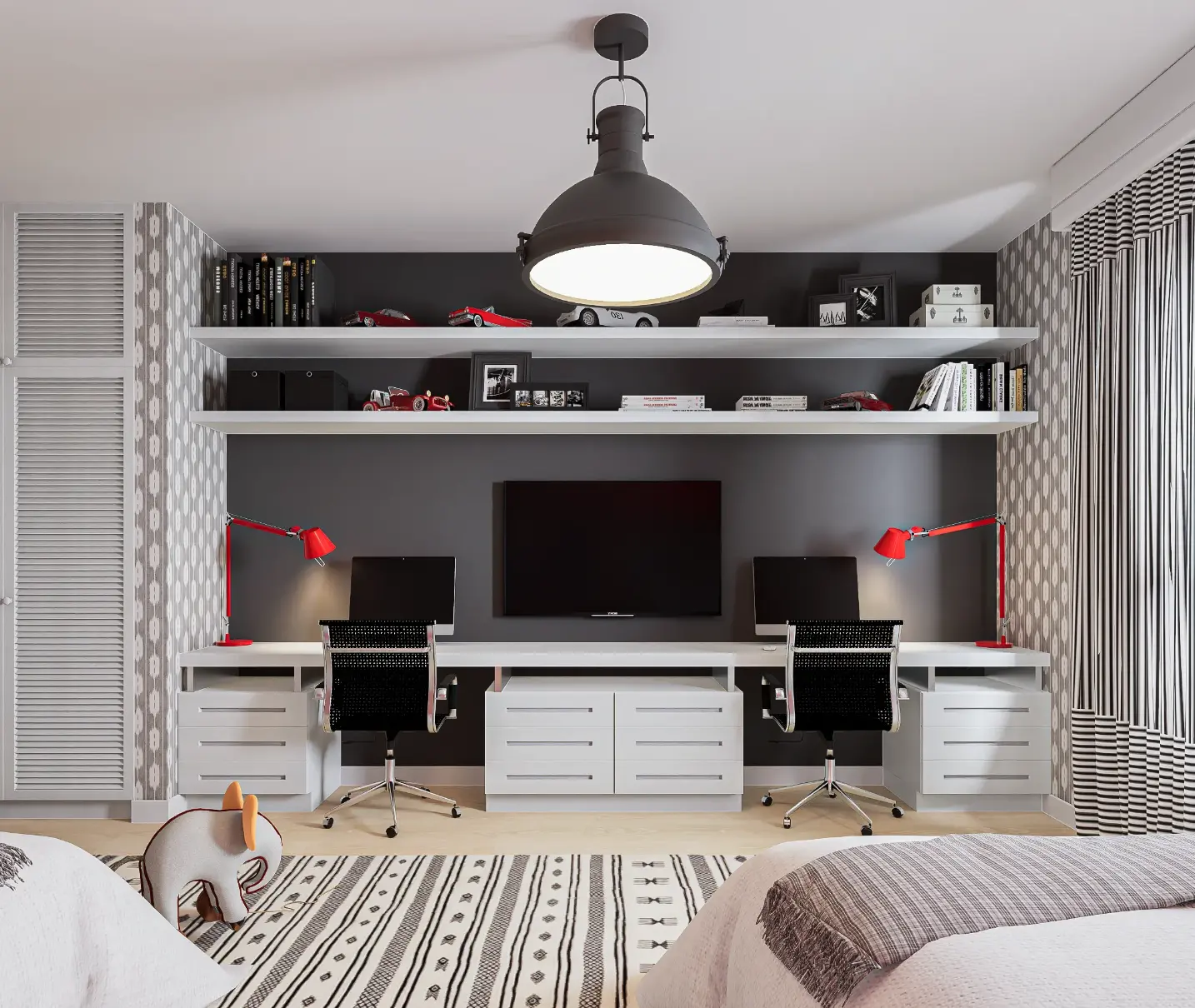Children's bedroom desk area decorated in white, gray, and red, double desk, wallpapered walls, and ethnic rug