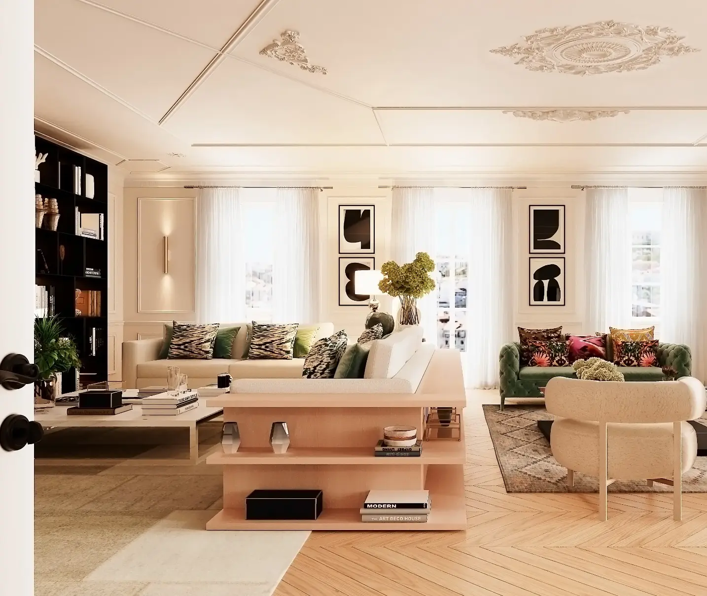 Living room with beige sofas, modern armchairs, green velvet sofa, and rectangular marble coffee table. Walls with moldings and ornate ceilings