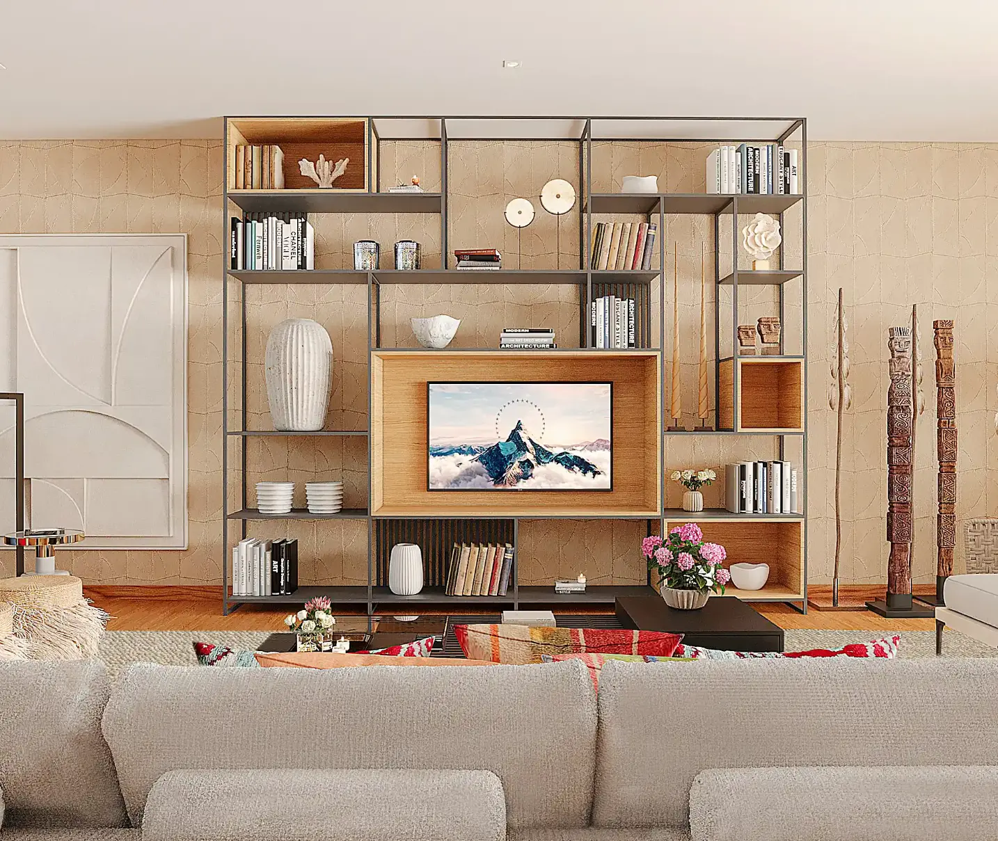 Living room with industrial metal and wood bookcase, personalized decor with art, books, and ethnic objects, in an interior design project in Lapa.
