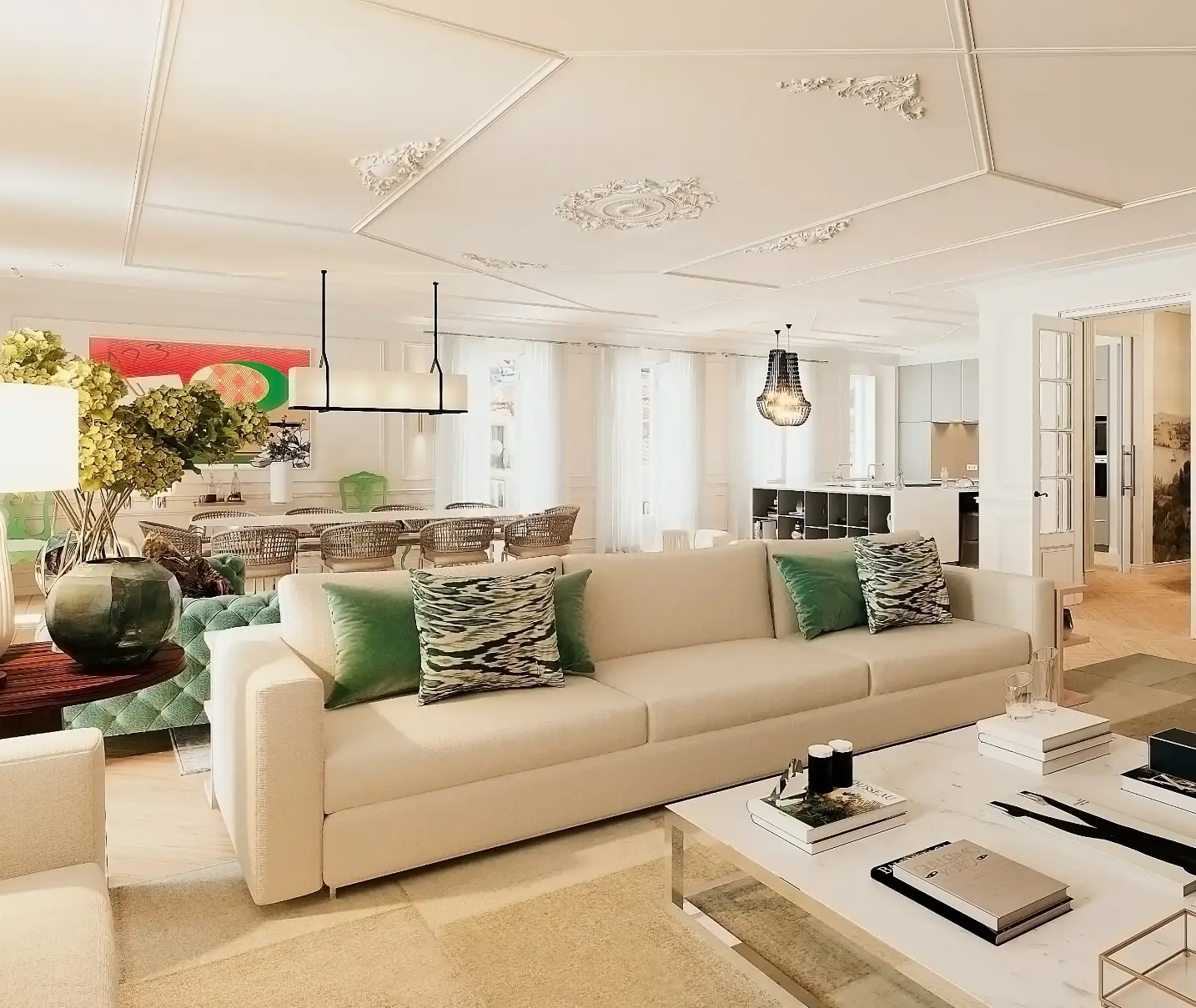 Living and dining room in light tones, with beige sofa, green cushions, marble coffee table, and floral arrangements