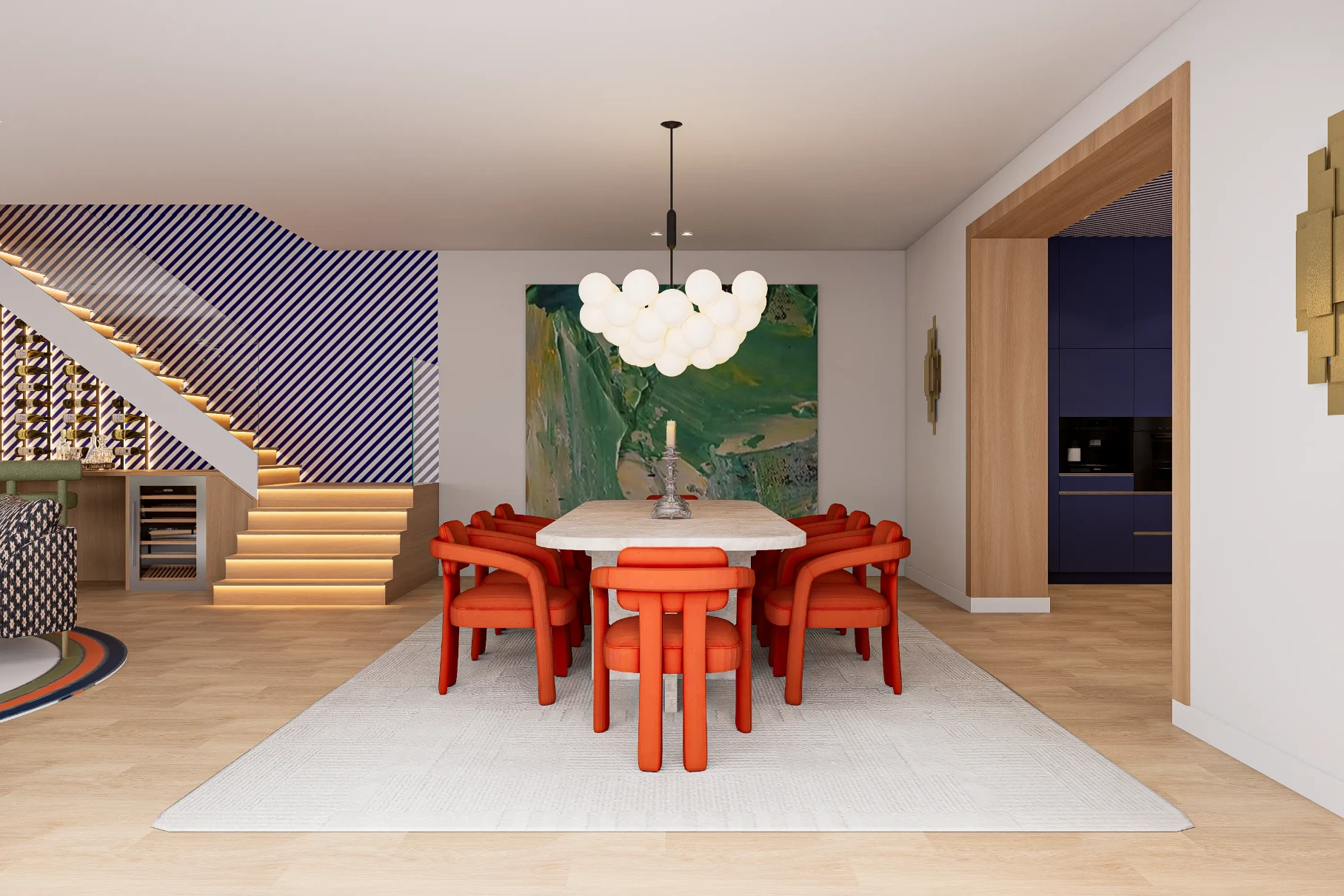 Mesa de jantar em pedra com cadeiras estofadas em veludo laranja, grande quadro abstrato verde ao fundo