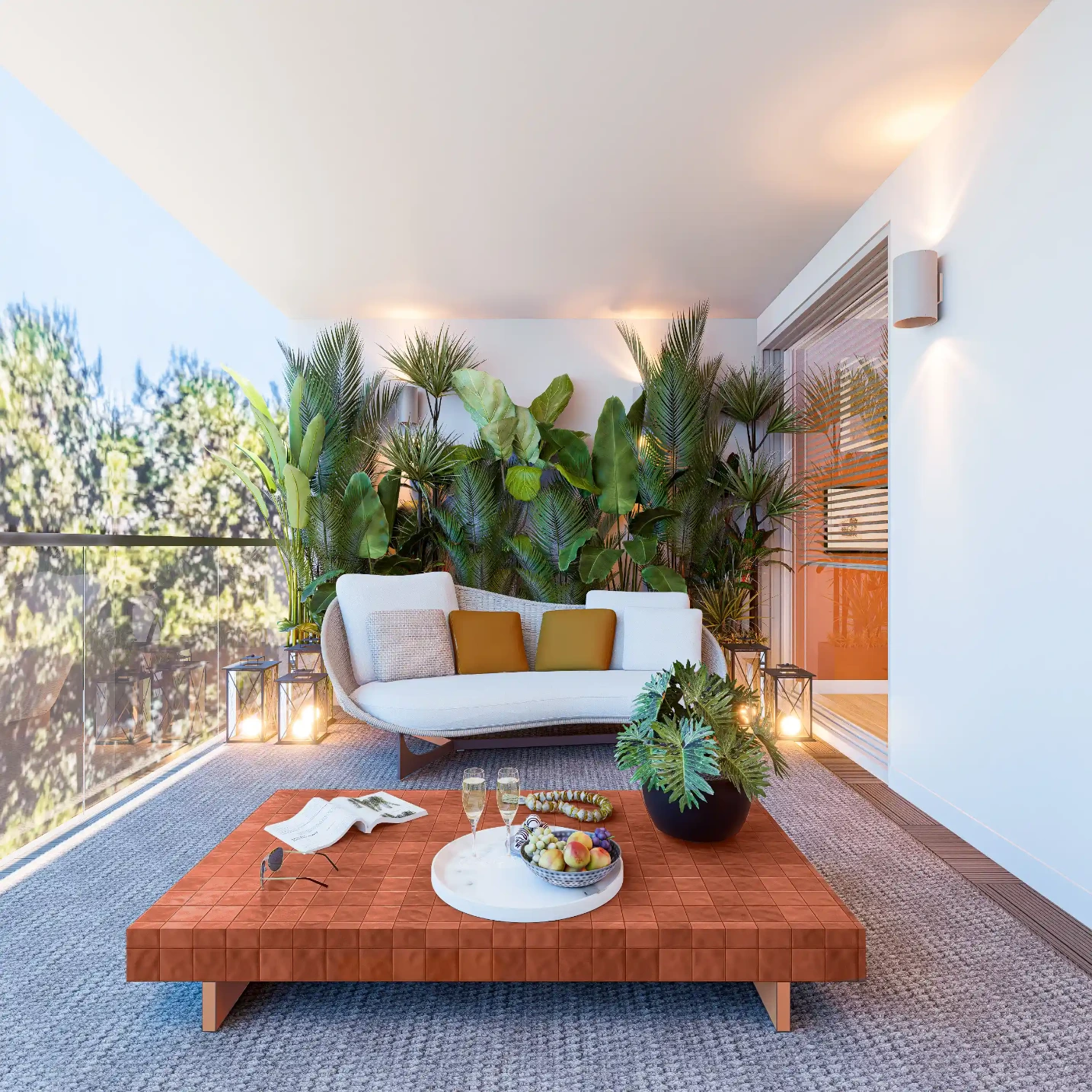 Bright terrace with sea view furnished with contemporary rope sofa, coffee table covered with orange handmade tiles and greenery