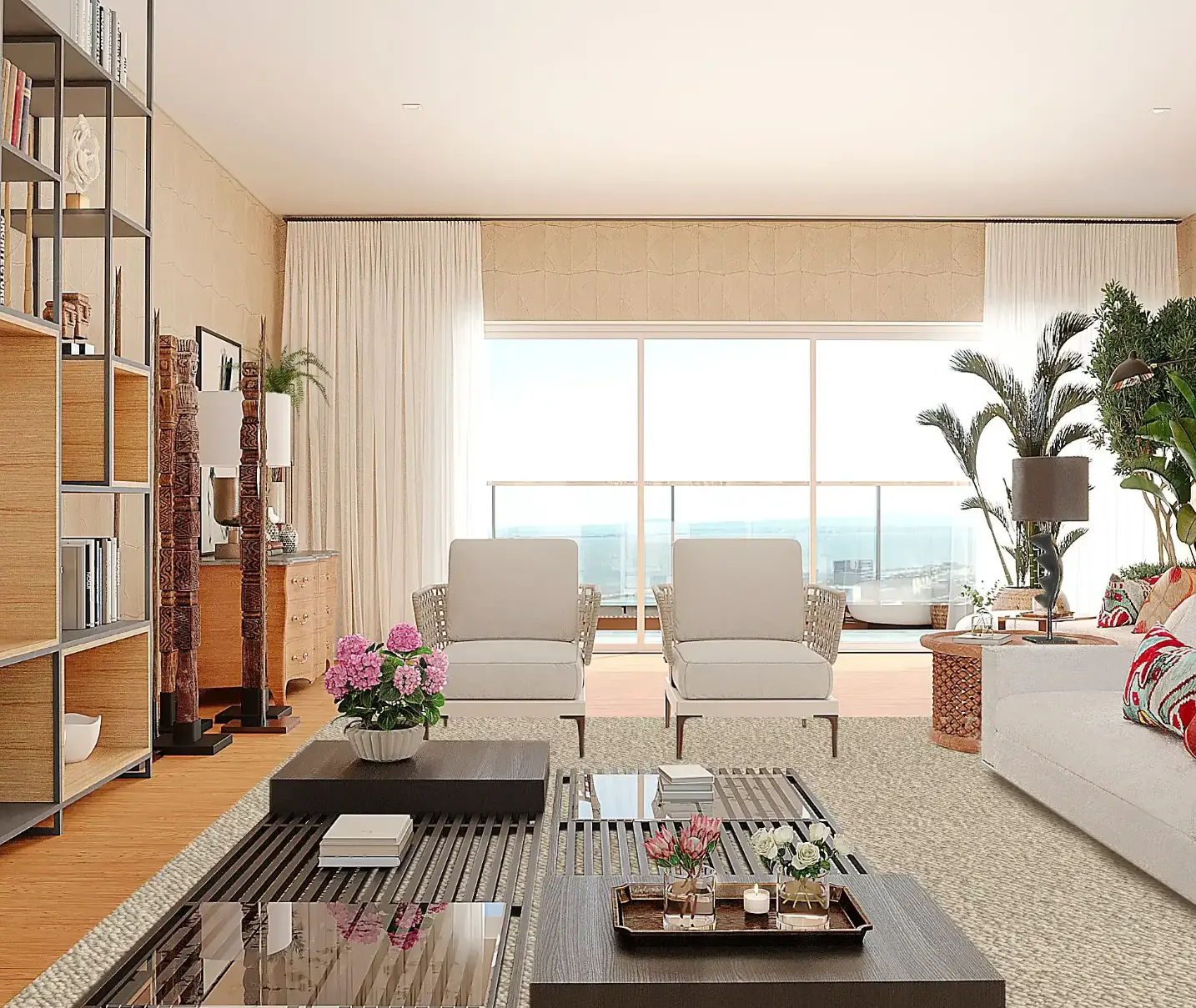 Sala de estar com decoração eclética e personalizada em apartamento na Lapa, com vista rio, sofá claro e almofadas coloridas e cadeirões contemporâneo