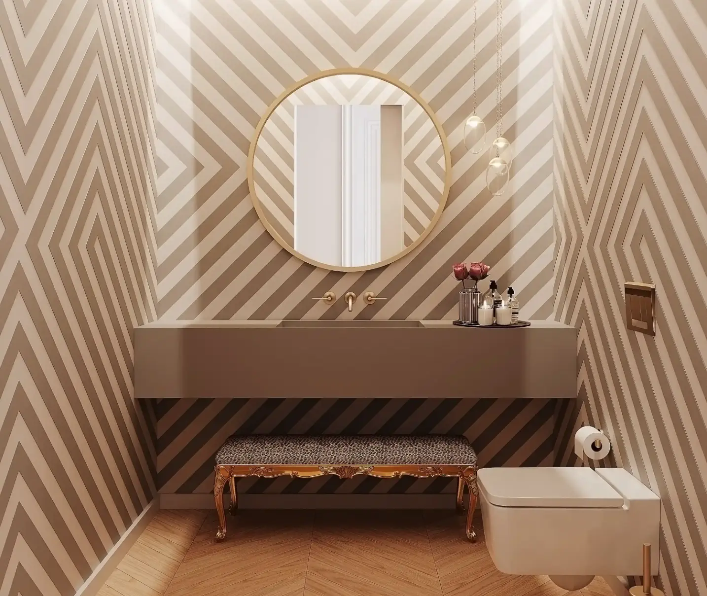 Powder room with geometric patterned walls, ceiling decorated with tree wallpaper, gray wall-mounted sink, and round mirror