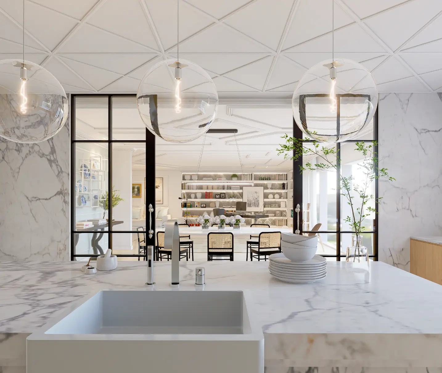 Kitchen with marble island, ornate ceiling, and large glass and iron doors leading to the dining area. White dining table and straw chairs.