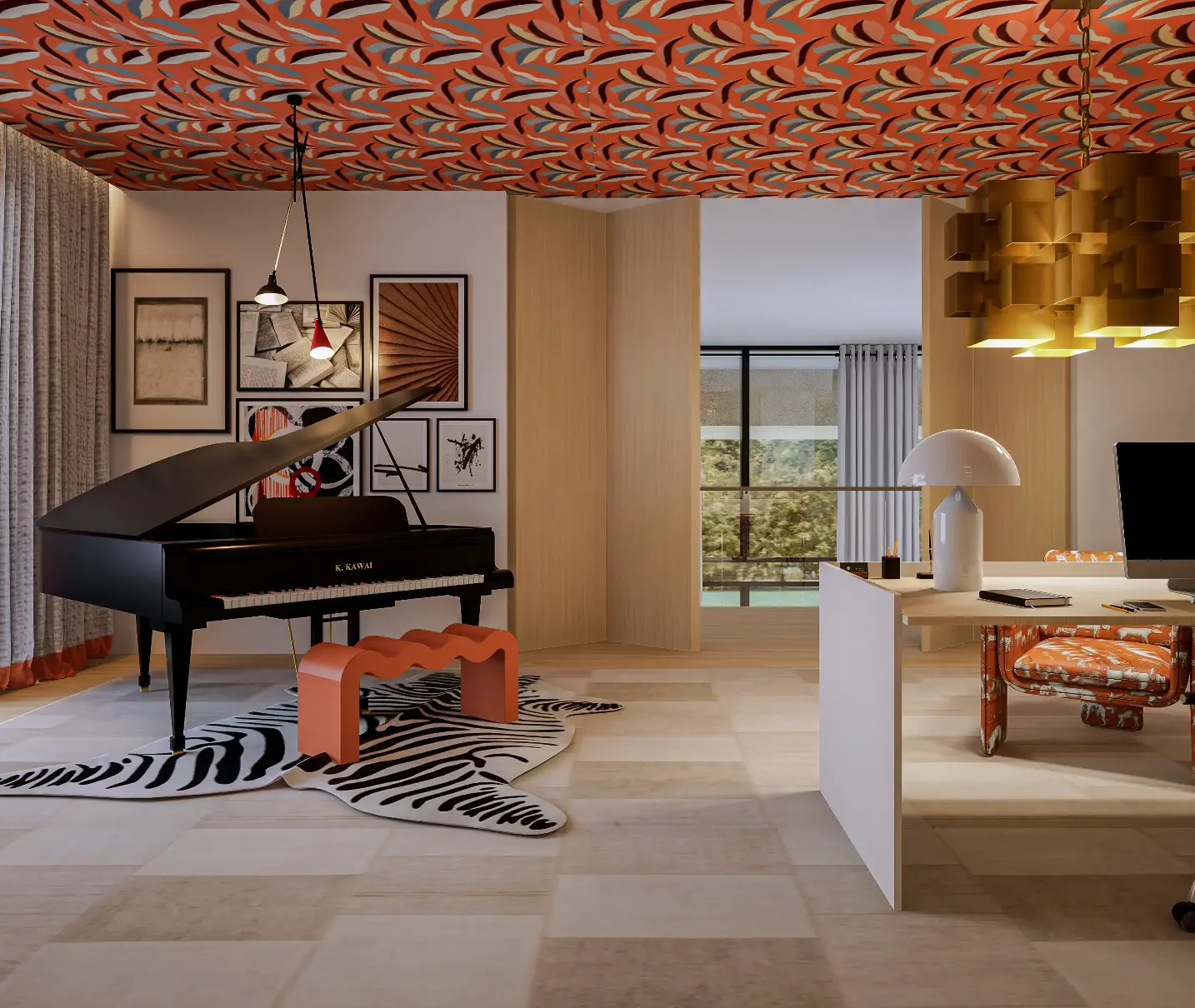 Escritório contemporâneo com secretária minimalista, piano de cauda, teto com papel de parede de padrão e candeeiro pendente dourado 