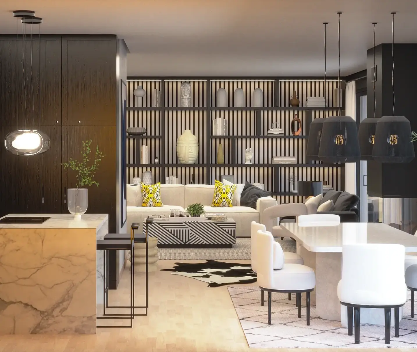 Open-plan living room with a dark kitchen featuring clean lines and a marble central island, white stone table and upholstered chairs