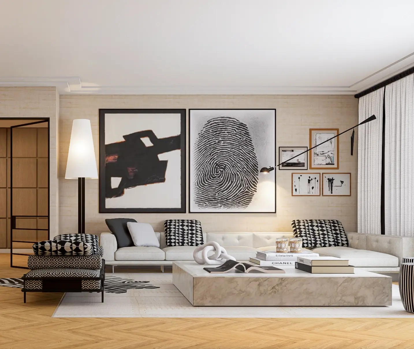 Sala de estar decorada em estilo contemporâneo com sofá branco, mesa de centro em mármore e paredes forradas com papel texturado e quadros 