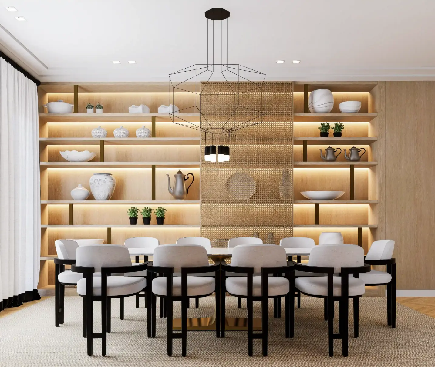 Sala de jantar contemporânea com estante por medida em carvalho com porta em palhinha, mesa de mármore e cadeiras com estofo branco