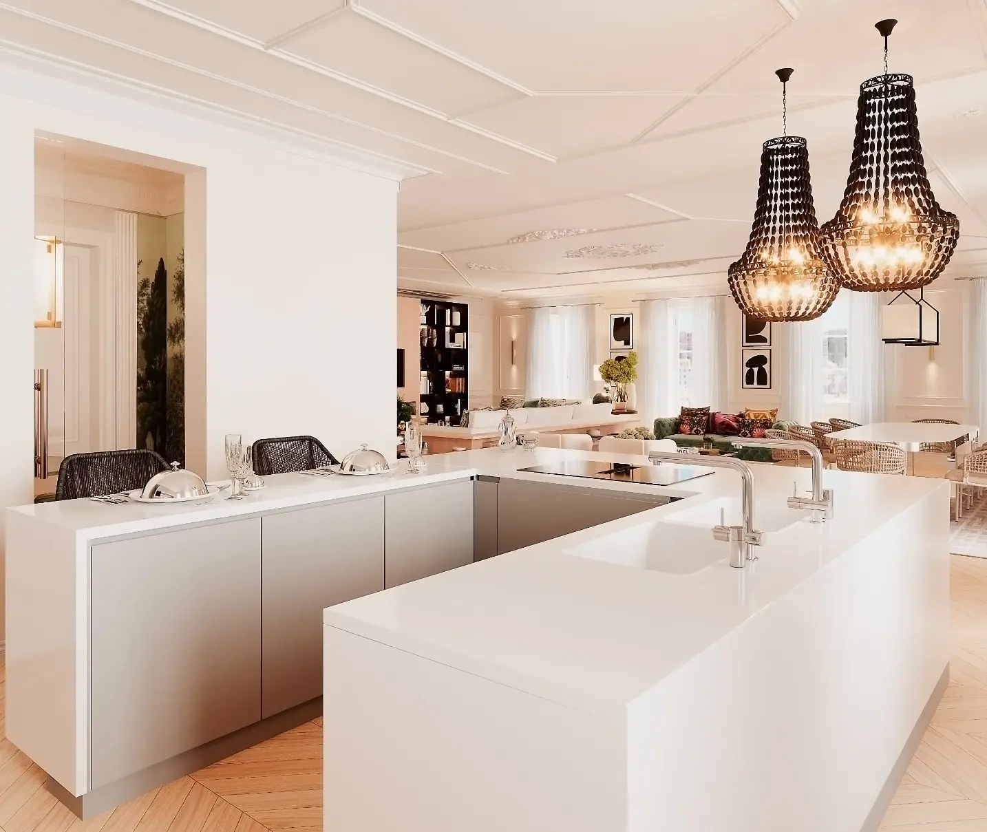 Contemporary open-plan kitchen with white island, black rope stools, and beaded pendant lights