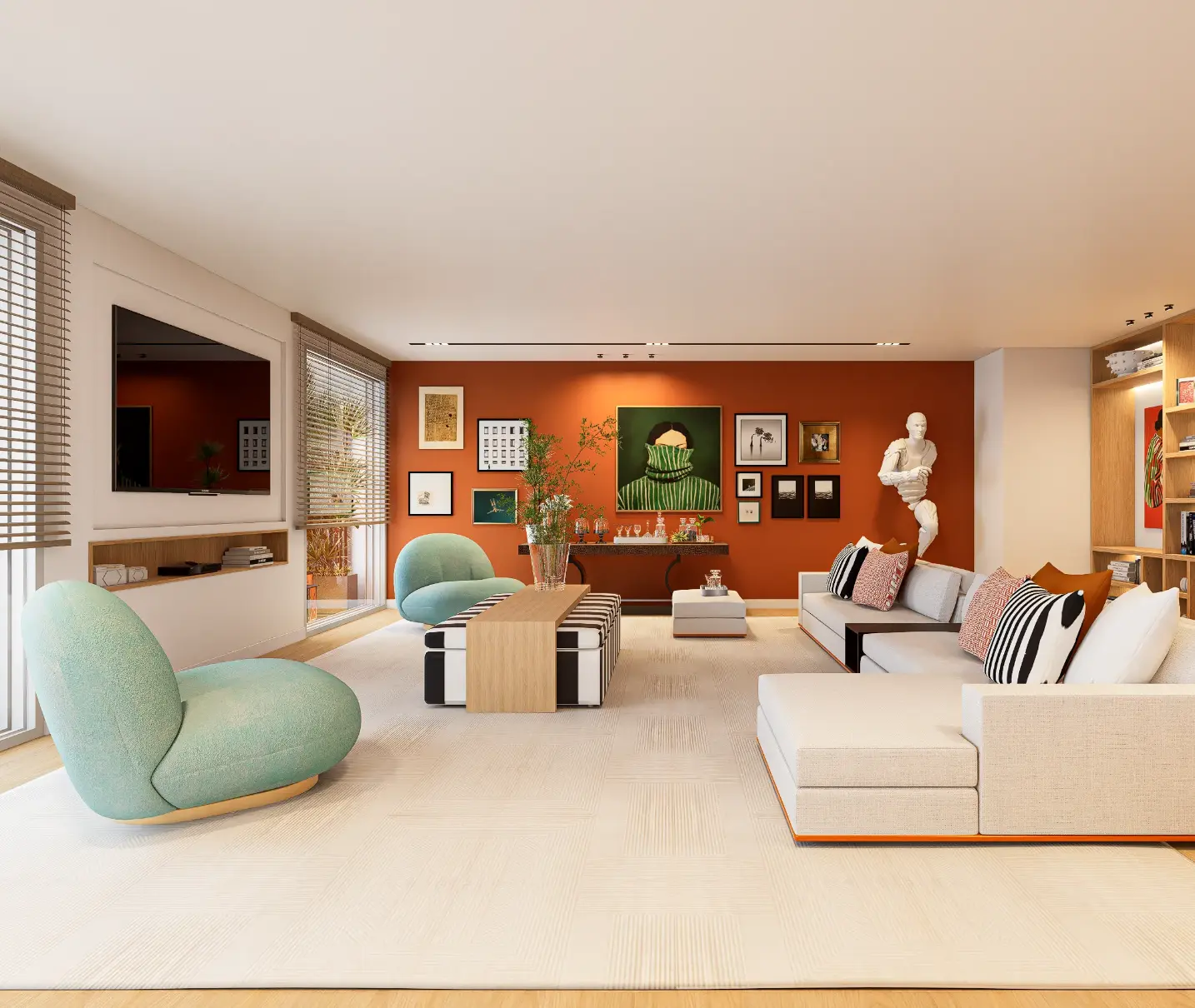 Contemporary living room with white modular sofa, aqua green armchairs, terracotta wall with paintings, built-in illuminated bookcase
