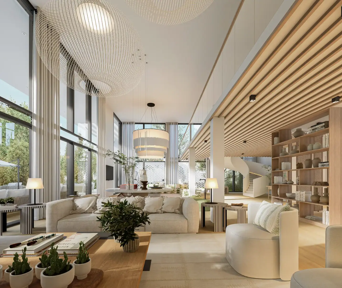 Sala muito ampla e luminosa em moradia de luxo em Cascais com pé direito duplo, decoração contemporânea em tons neutros e mobiliário em madeira.