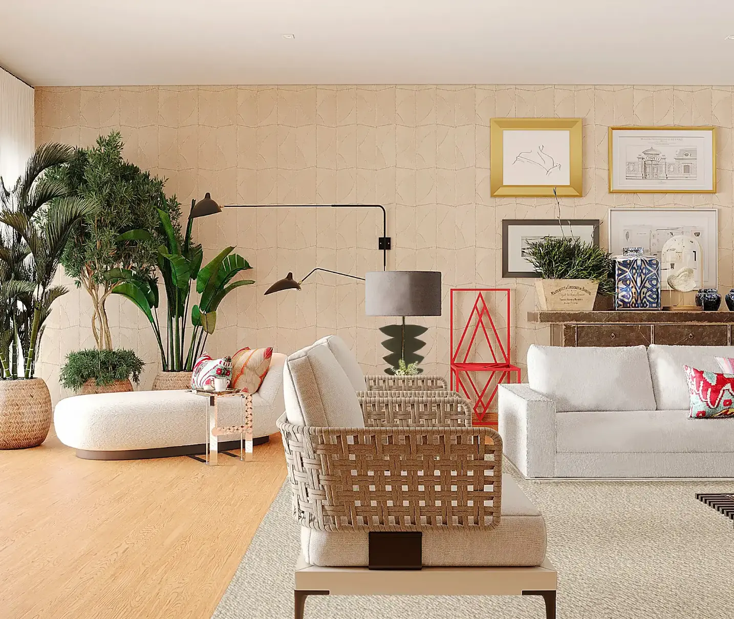 Sala de estar com decoração eclética contemporânea, plantas, peças de arte de diferentes estilos e sofá branco com almofadas coloridas em apartamento 