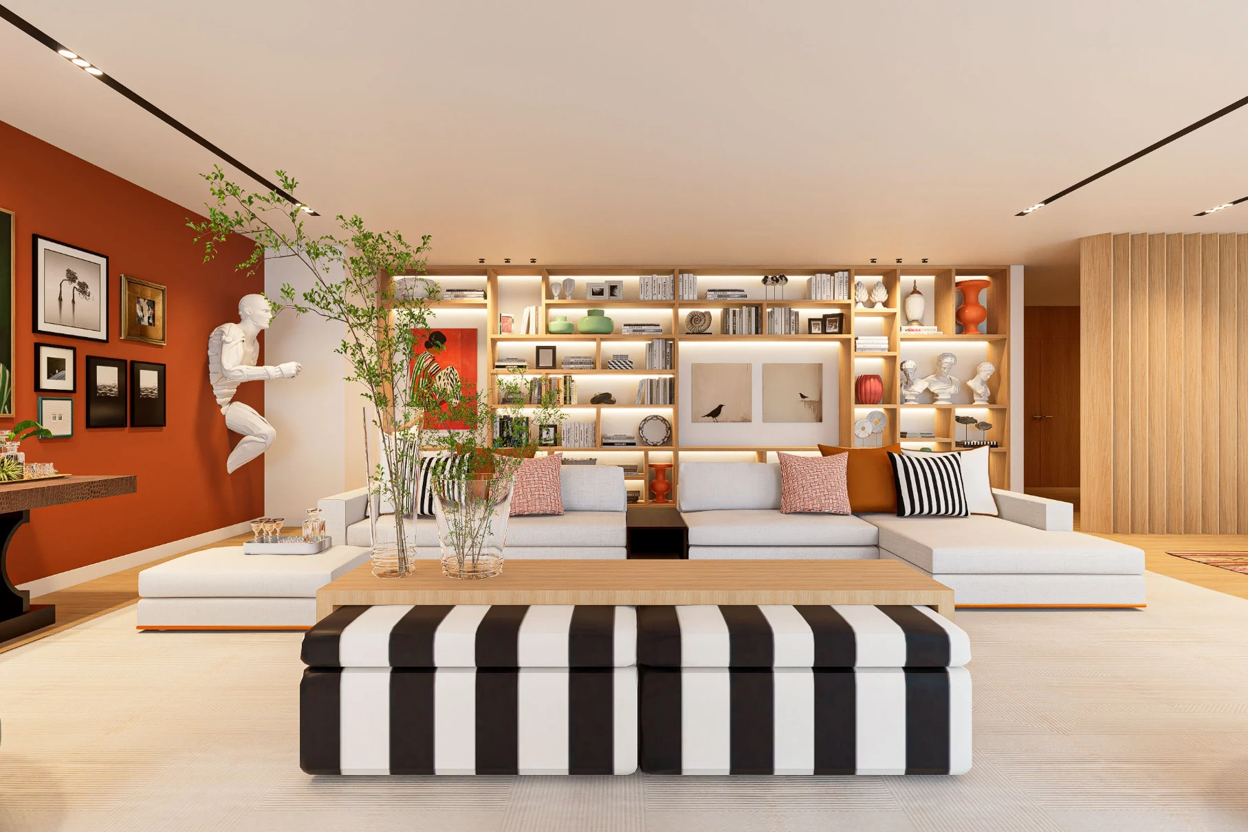 Contemporary living room with white sofa, built-in bookcase illuminated with books and decorative pieces, terracotta-colored wall 