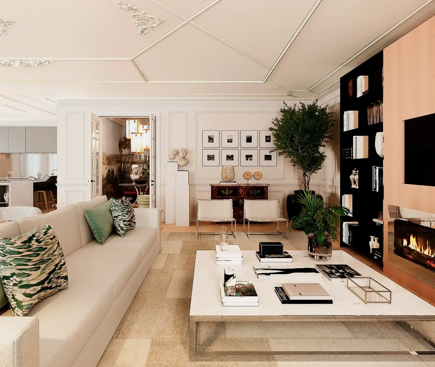 Elegant living room with beige sofa, marble coffee table, wooden panel with TV and built-in fireplace, decorative bookcase, and connection to the kitc