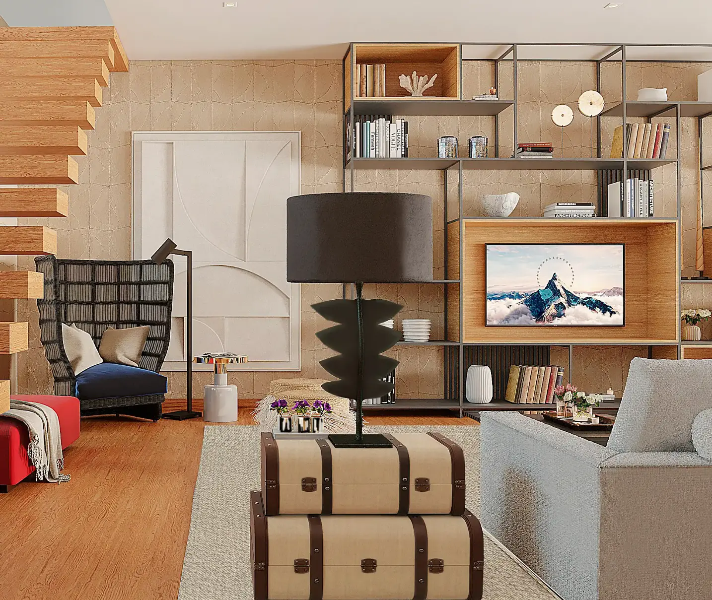 Sala de estar em estilo eclético com estante industrial em madeira e metal, sofá branco, escada suspensa, poltrona em fibra e quadro contemporâneo