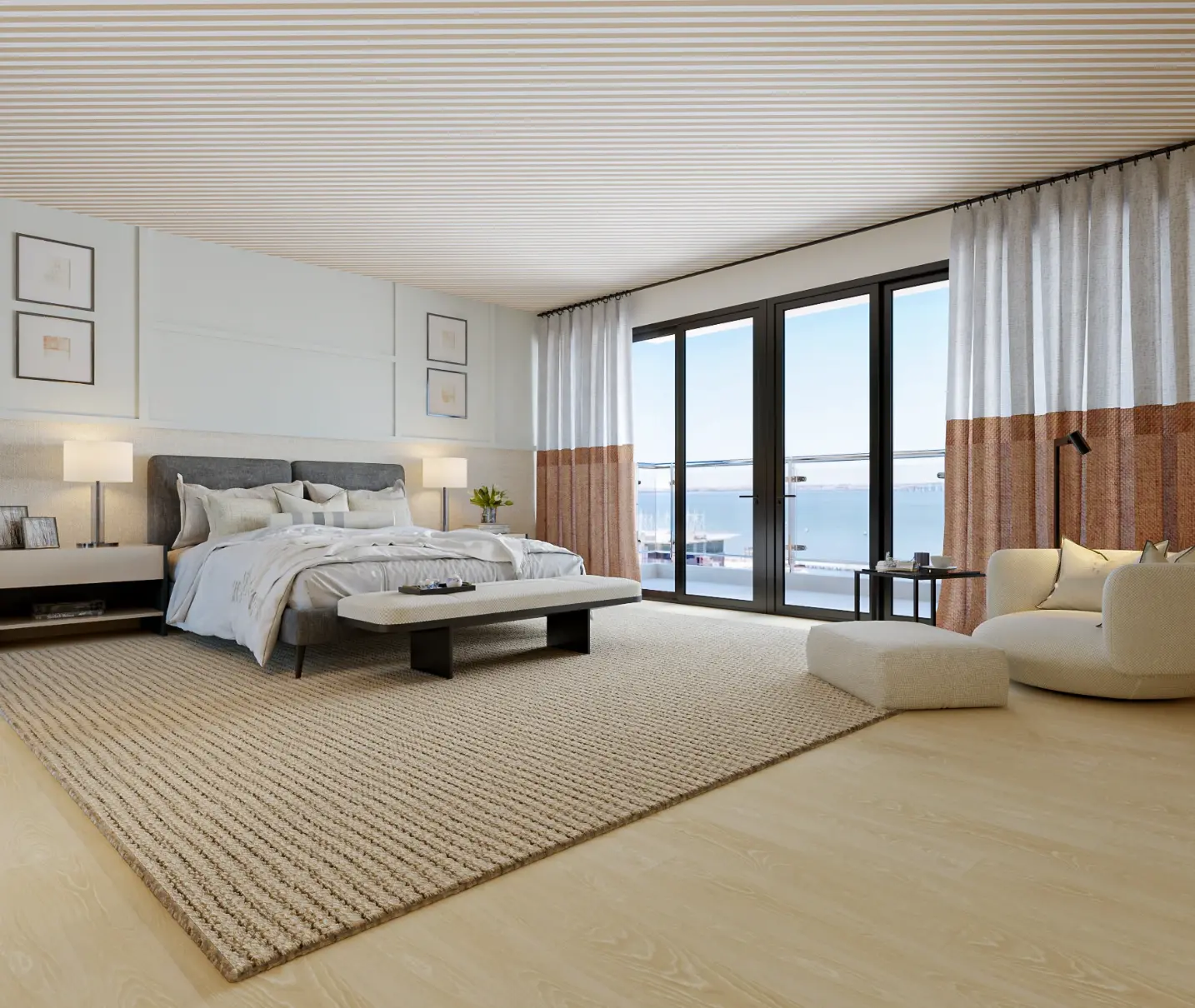 Quarto com decoração contemporânea, cama estofada cinza, tapete beige, teto com papel de parede de riscas e cadeirão de design