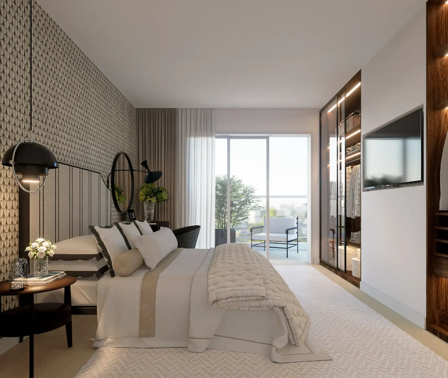 Quarto contemporâneo em tons neutros com cama estofada, papel de parede e closet em madeira desenhado e executado pela Margarida Bugarim Interiores