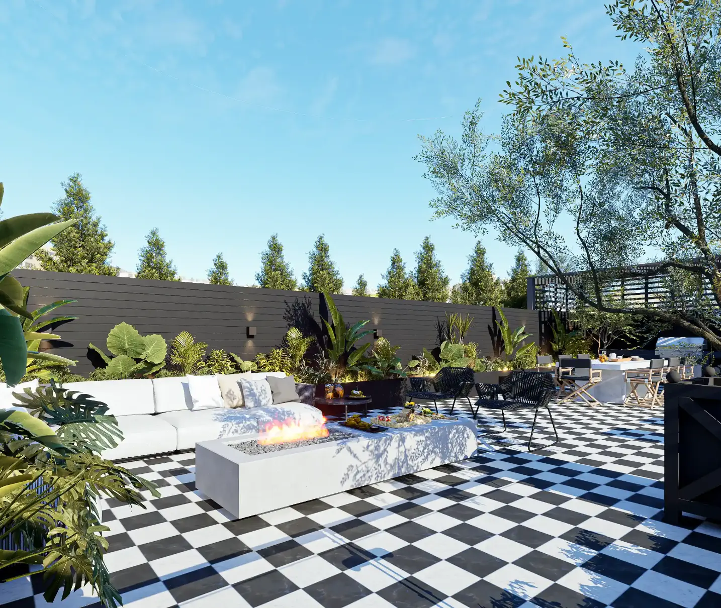 Terrace lounge area with contemporary design, black and white flooring, white sofas, rope armchairs, and outdoor fireplace