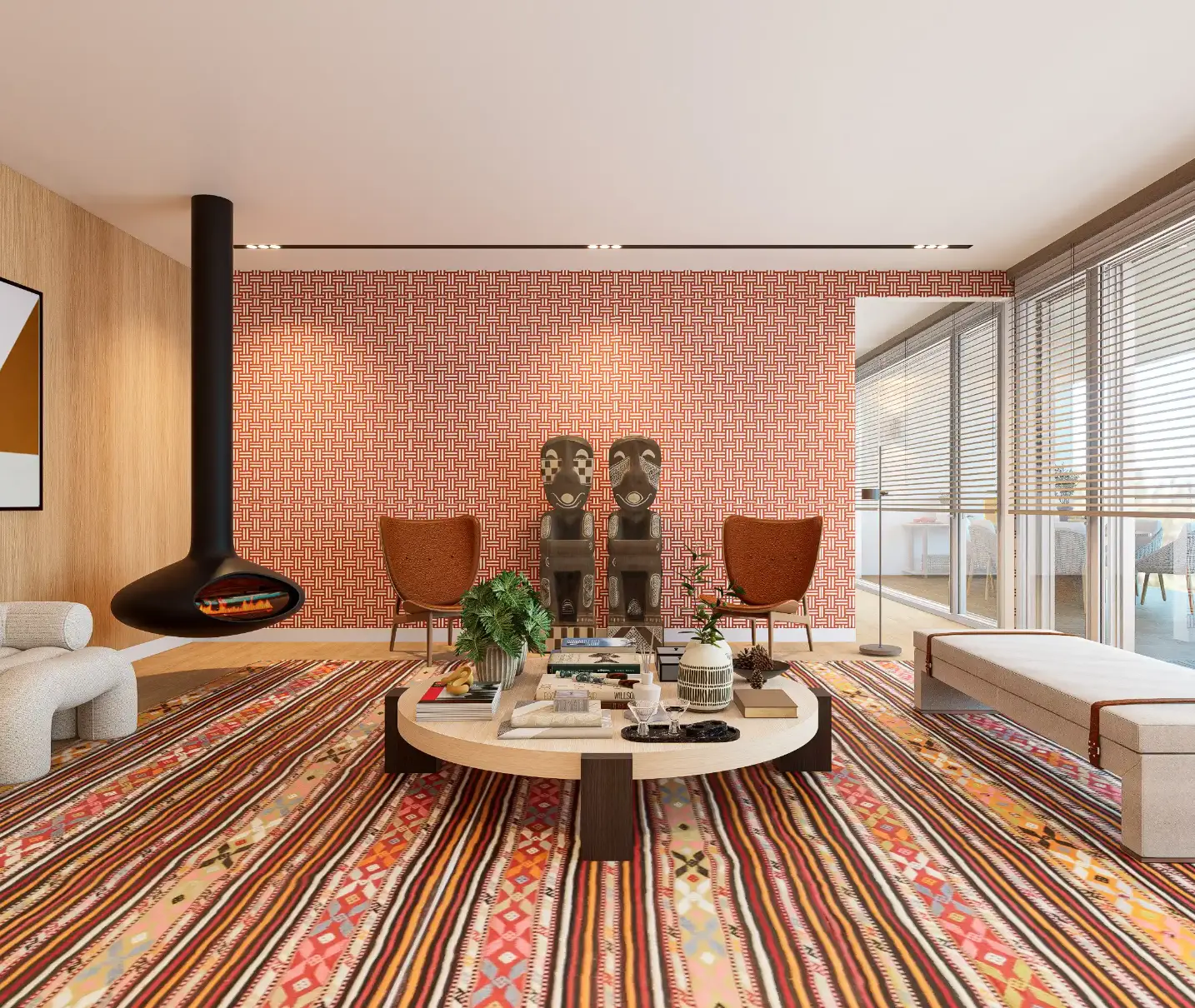 Contemporary living room with suspended fireplace, colorful rug, and luxurious decor in an apartment in Estoril
