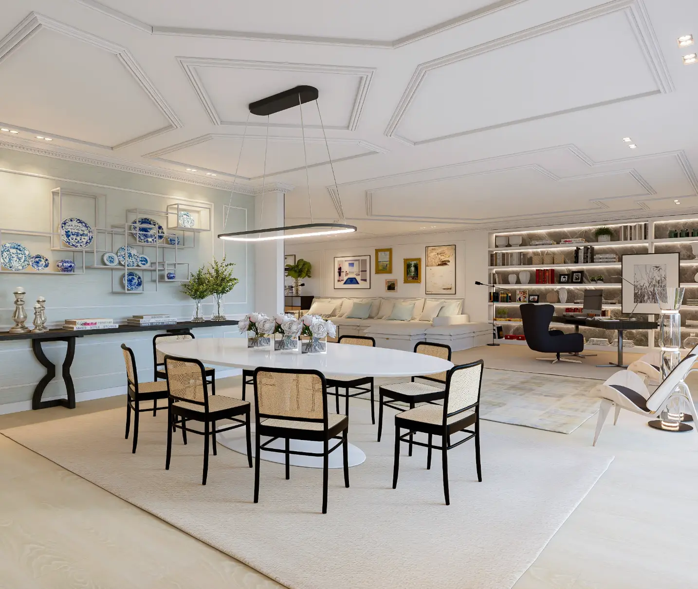 Dining room with white oval table, black straw chairs, dark wood console table, and bookcase with oriental porcelain