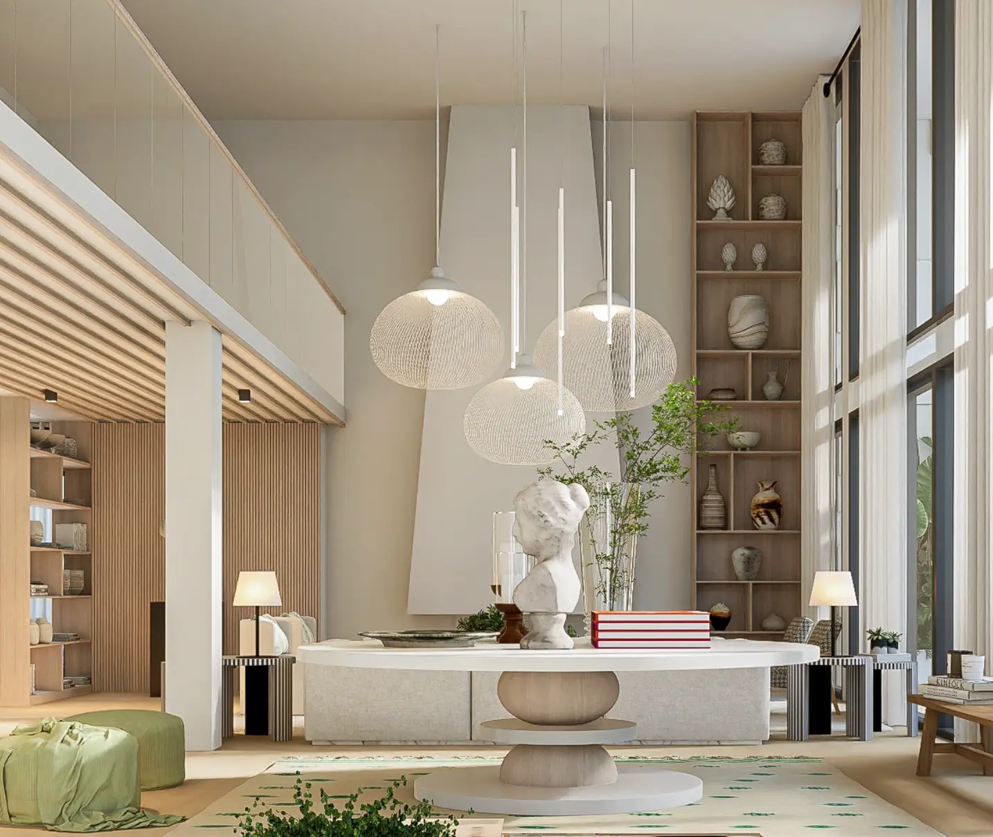 Sala de estar ampla com pé-direito duplo, impressionante lareira,  estante em carvalho com peças decorativas, ao centro destaca-se a enorme  mesa 