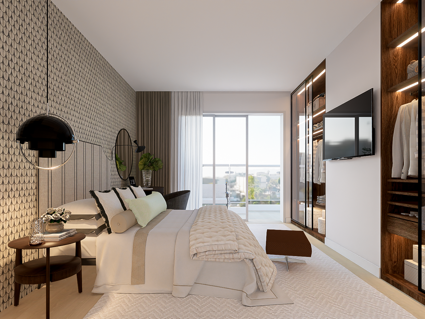 Decoração de quarto em tons neutros e sóbrios, um espaço que convida ao descanso.